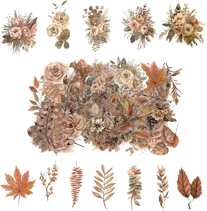 100 Pcs Autumn Flower Stickers for Scrapbooking Junk Journal Card Making by Obujopal
