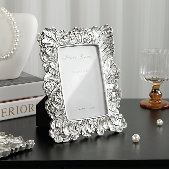 Cuspin 4x6 Picture Frame Silver, Vintage Ornate Palm Leaves Textured - Image 4