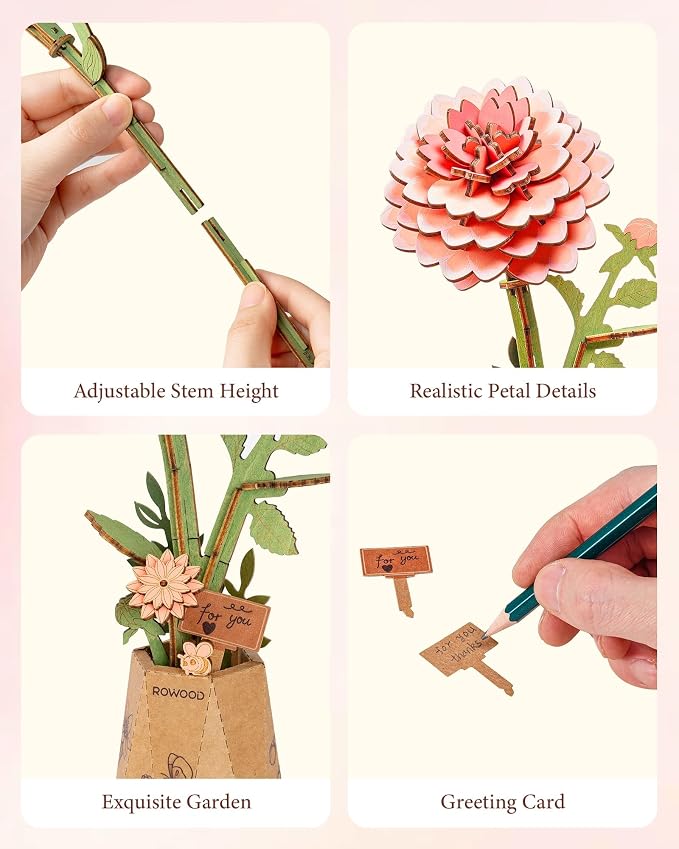 Rowood 3D Puzzle, Mother's Day DIY Wooden Flower Building Craft Kits - Image 3