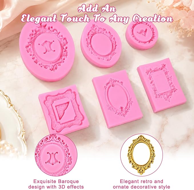 6 Pcs Picture Frame Mold, Flexible Reusable Silicone | Silicone Baroque Vintage - Image 3