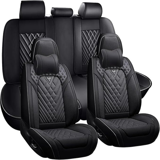 Car Seat Cover Full Set, Waterproof Leather Seat Cover,Front and Rear Auto Seat Cover, Car Seat Cushion, Full Coverage Car Seat Protector Universal Fit Most Cars (5 Seat-Headrest,Black)