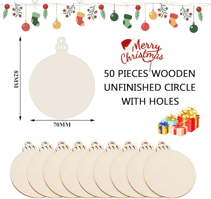 50PCS Unfinished Wood kit with Holes, Wooden Circles - Image 2