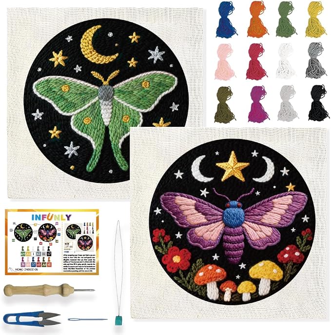 INFUNLY 2 Pcs Moth Punch Needle Embroidery Kit 8.7 Inch Round Punch Needle by INFUNLY