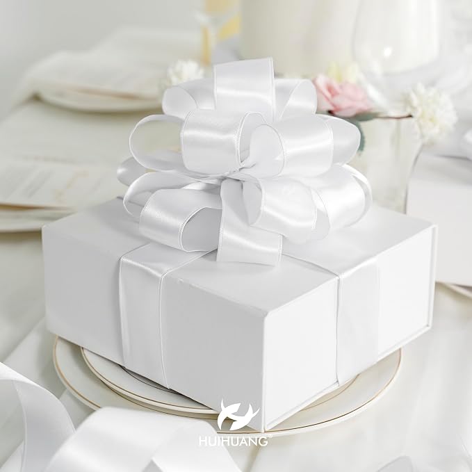 HUIHUANG White Satin Wired Ribbon 1-1/2 inch White Double-Faced Satin Wire - Image 5
