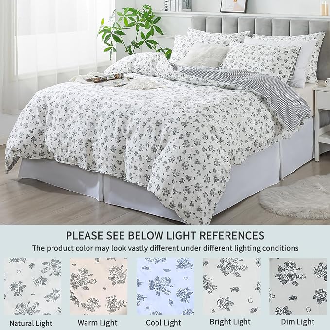FADFAY Floral Duvet Cover Set Queen Size 100% Cotton Grey White Flower - Image 5