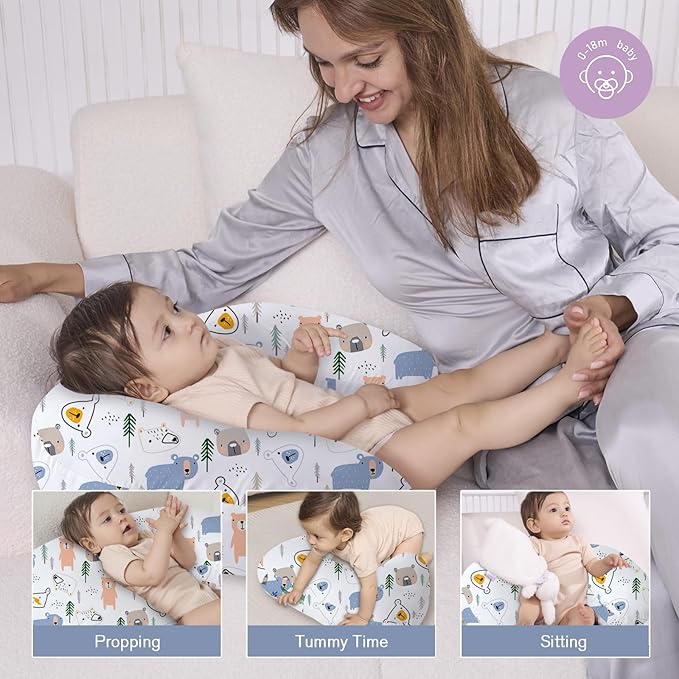 Little Grape Land Nursing Pillow,Upgraded Breast Feeding Pillow for Mom,Breastfeeding & Bottle Feeding for 0–18 Months, Soft Machine Washable Cover with Firm Breathable Filling, Tummy Time,Bear