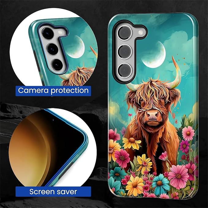 for Samsung Galaxy S23 Case, Highland Cow Flower Pattern Glossy 2 in 1 - Image 6