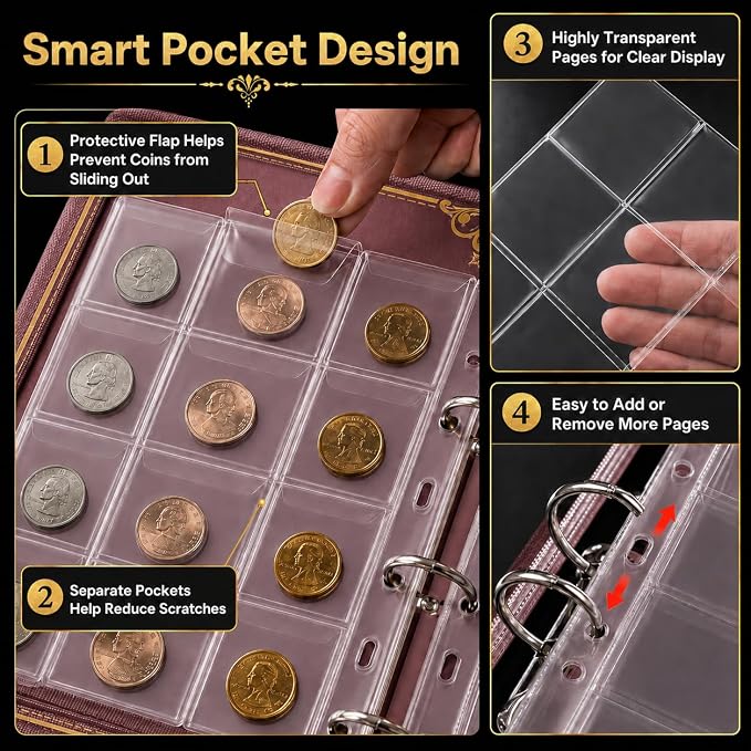 Coin Collection Book Holder for Collectors, 200 Pockets Collecting Album& 30 - Image 4