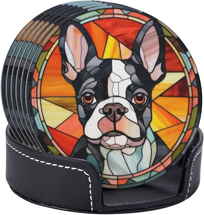 Drink Coaster Set of 6, Boston Terrier Dog Mom Lover Gift, Leather Drink - Image 5