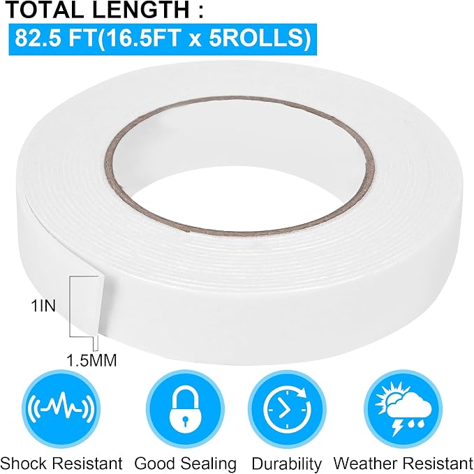 Double Sided Foam Tape 1In x 16.5FT 5 Pack, Mounting Tape Heavy Duty, Strong - Image 2