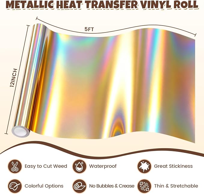 Holographic Gold Metallic Foil Heat Transfer Vinyl, Chrome HTV Easy to Cut & - Image 6