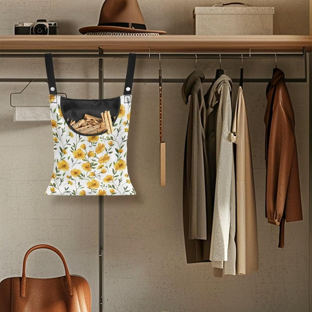 Yellow Floral Clothespin Bag Space-Saving Laundry Hanging Storage Organizer Clothes Pin Hanging Bag with Rope Holds 100 Clothes Pins for Clothesline Outdoor Clothespin Accessory Bag