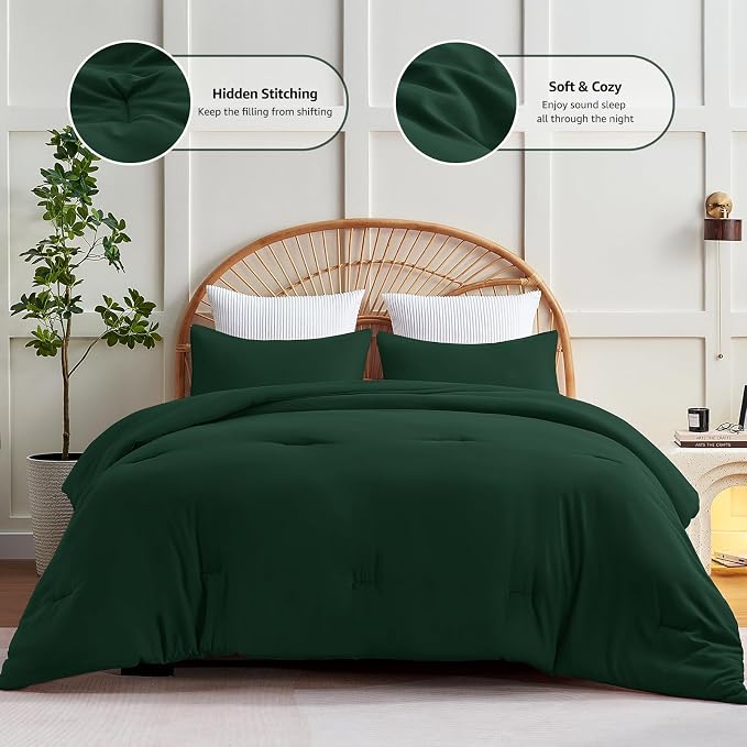 CozyLux Full Size Comforter Set Emerald Green, 3 Pieces Solid Breathable - Image 3