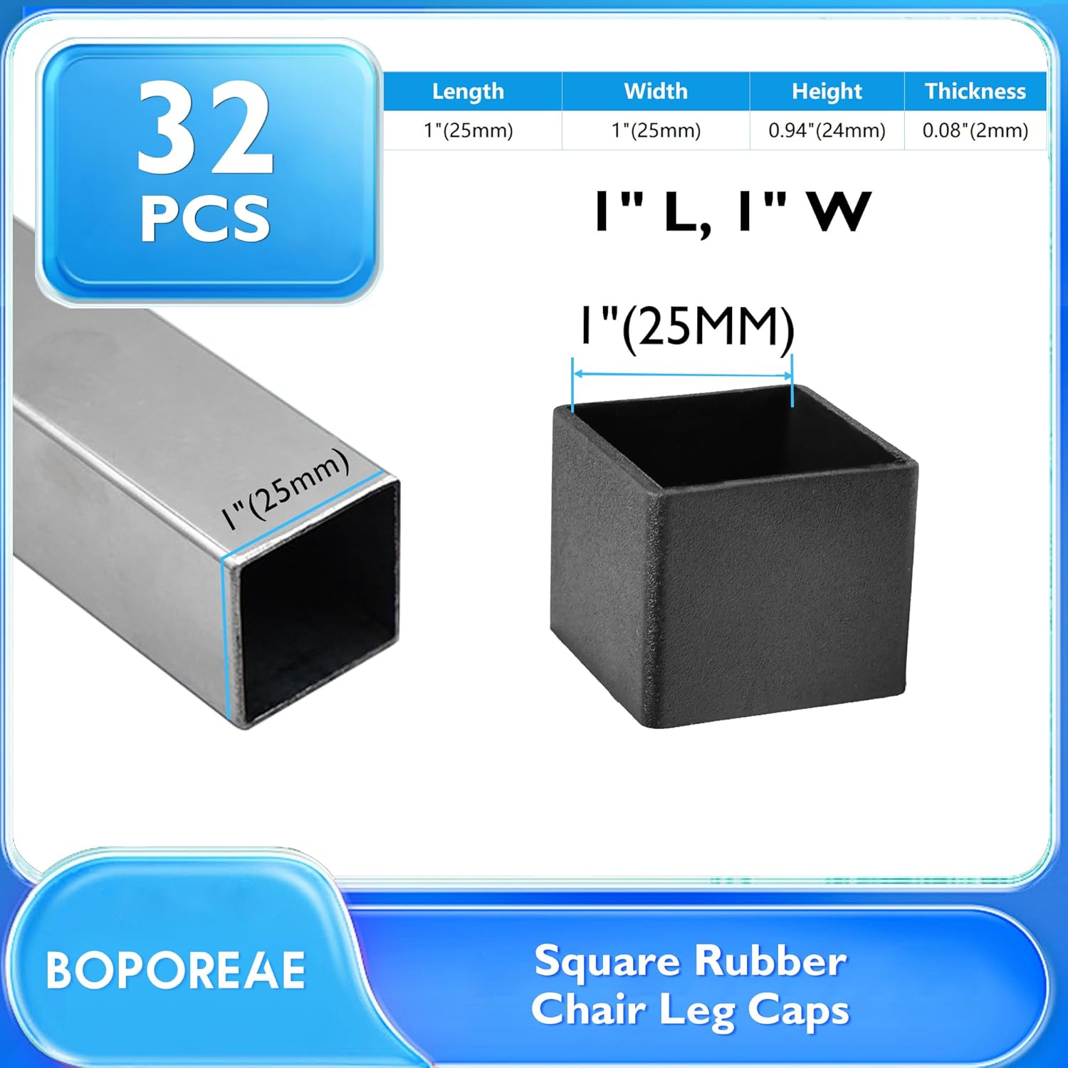 32 Pcs 1" x 1" Square Rubber Chair Leg Caps, PVC Table Leg Covers, Flexible & Anti-Slip Furniture Leg End Caps, Chair Leg Floor Protectors for Bar Stool Leg Patio Indoor, Black