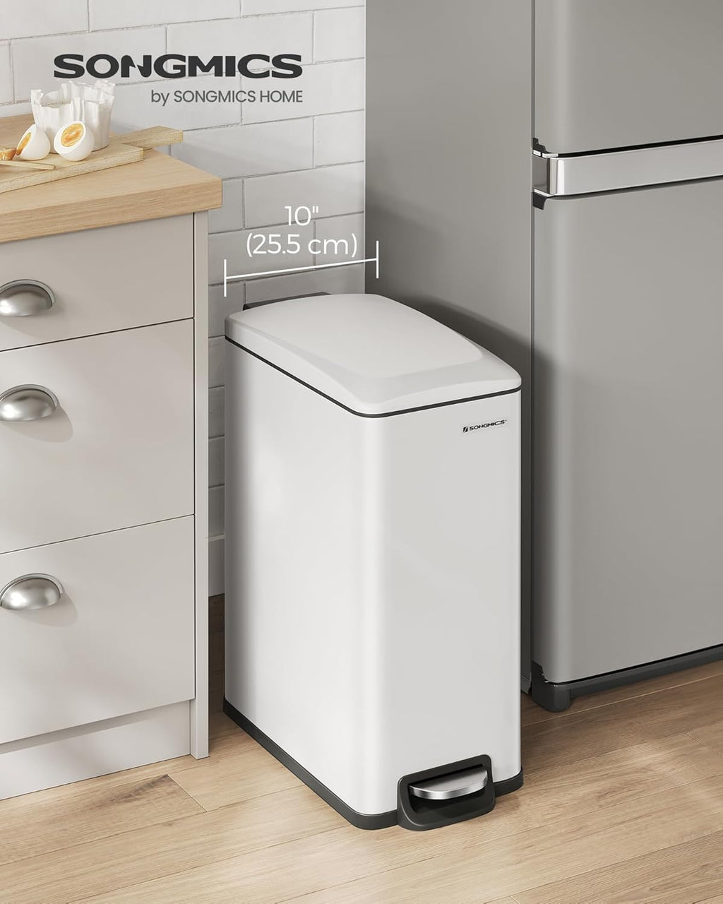 SONGMICS Slim Trash Can, 13-Gallon (50 L) Garbage Can for Narrow Spaces with Soft-Close Lid, Inner Bucket, and Step-on Pedal, Stainless Steel, 15 Trash Bags Included, White ULTB510W48