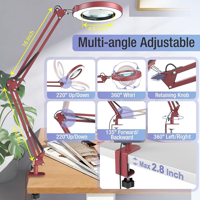 10X Magnifying Glass with Light and Clamp, Real Glass Stand Lighted Magnifier - Image 3