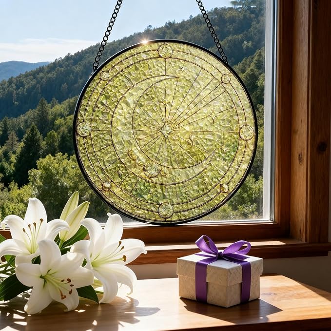 Stained Glass Window Hanging, Crescent Moon Sun Catchers Stained Glass Panels - Image 6