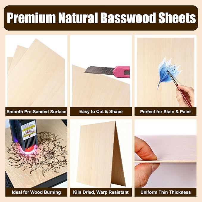 5Pack Balsa Wood Sheets Basswood Craft Plywood 12"x12"x1/16 | Smooth Wood Blanks - Image 3