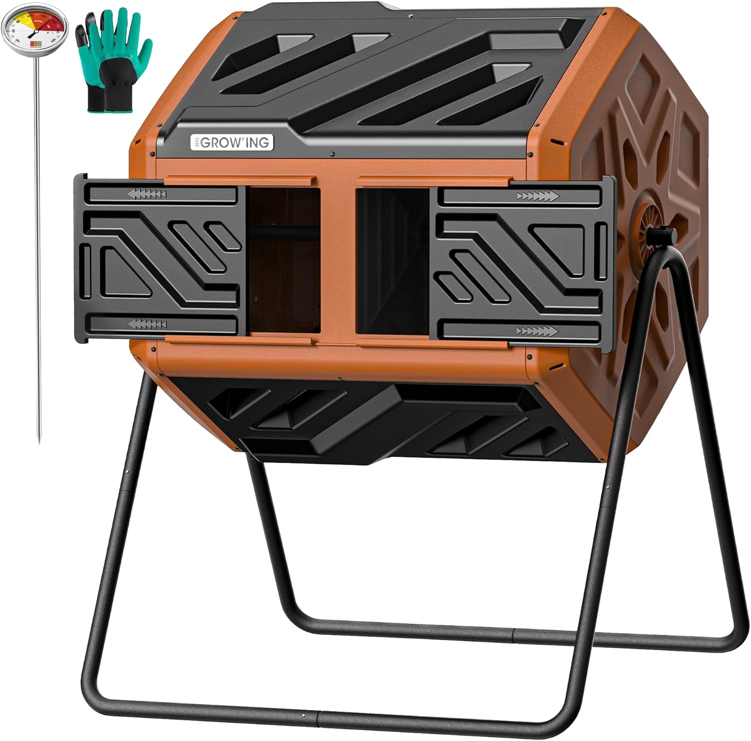 THEGROW'ING Updated 43 Gallon Outdoor Compost Bin. with Thermometer, Fast to Assemble. Tumbling Design, Dual Chambers. Rotating Function, Ideal for Outside, Backyard, Garden, Yard. Orange.
