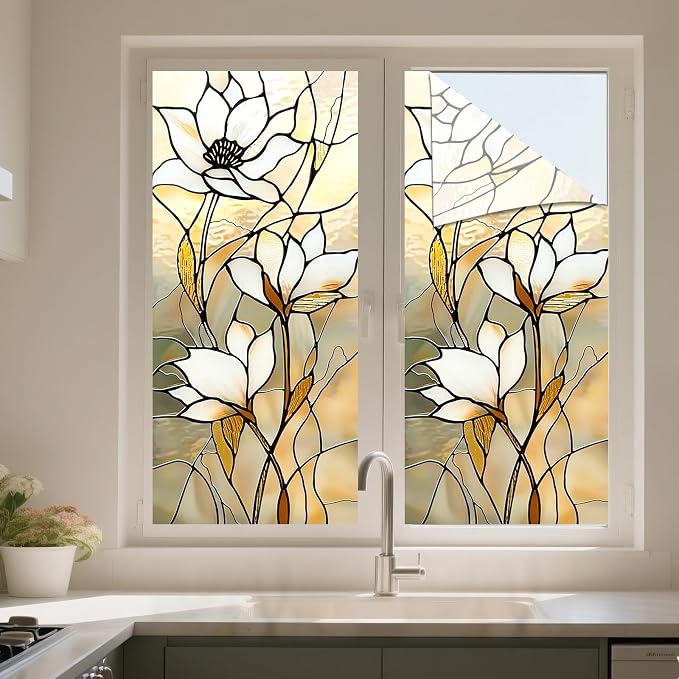 IVN Privacy Window Film Stained Glass Static Cling Window Film White Floral - Image 5