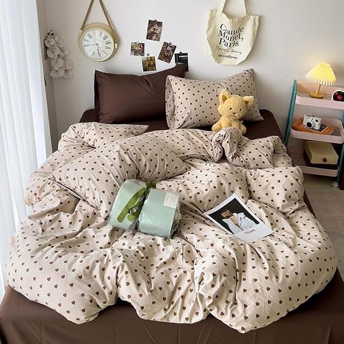 Nayoroom Brown Heart Duvet Cover Full Size Vintage Hearts Printed on Taupe - Image 5