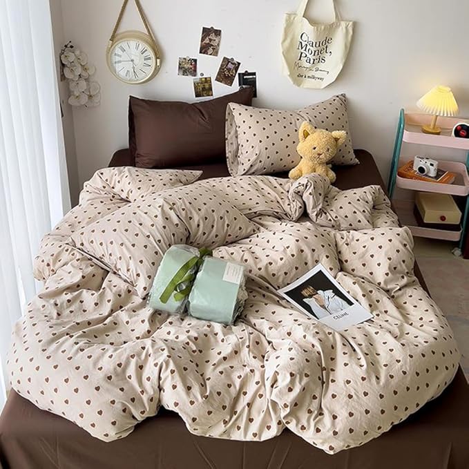 Nayoroom Brown Heart Duvet Cover King Size Vintage Hearts Printed on Taupe - Image 5
