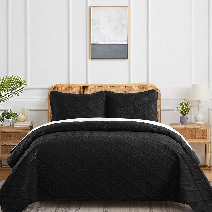 Yiran Black Quilt Set King Size Bedding Set Fall Bedspreads Embossed Diamond - Image 2