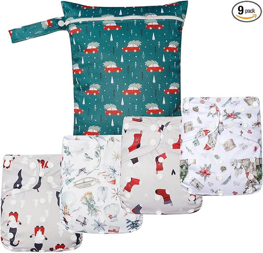 HappyFlute 9 Sets Newborn Baby Cloth Pocket Diapers Adjustable Reusable for Baby Boys and Girls(6-33 pounds,0-3 Years),One Wet Bag+4Diapers and 4Inserts