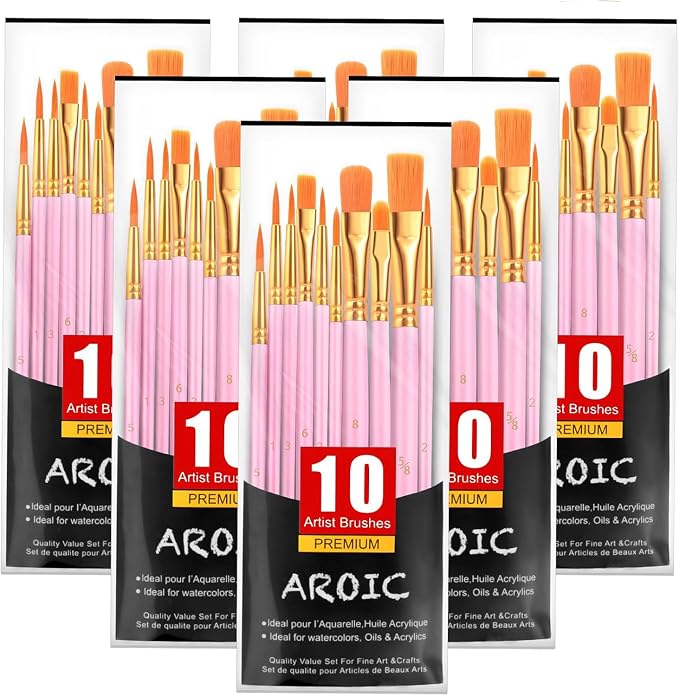 AROIC Acrylic Paint Brushes, 6 Packs/60 pcs Nylon Hair Paint Brush Set by AROIC