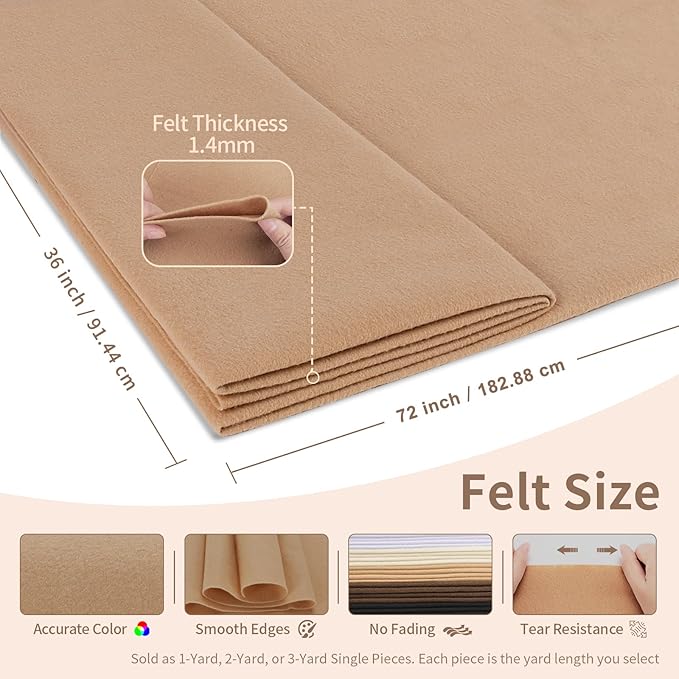 Tan Felt Fabric Sheet 72" X 36", 1.4mm Thick Large Soft Durable Flexible Craft - Image 2