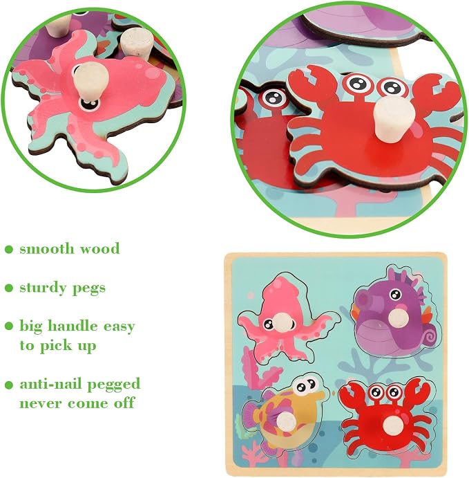 Wooden Peg Puzzles for Toddlers 1-3, Kids' Educational Preschool Peg Puzzle Toy - Image 2