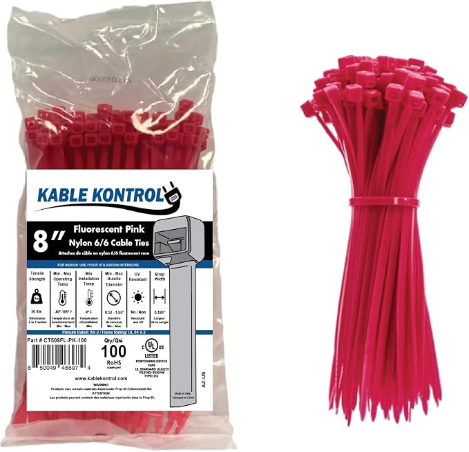 Kable Kontrol Fluorescent Pink Zip Ties 8 Inch 100 Pcs, 50 Lbs Tensile Strength by KABLEKONTROL%C2%AE