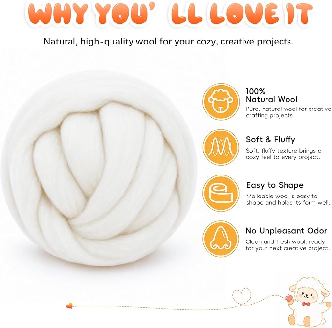 3.53oz Wool Roving: Needle Felting Wool White Roving Wool Felting Supplies Pure - Image 2