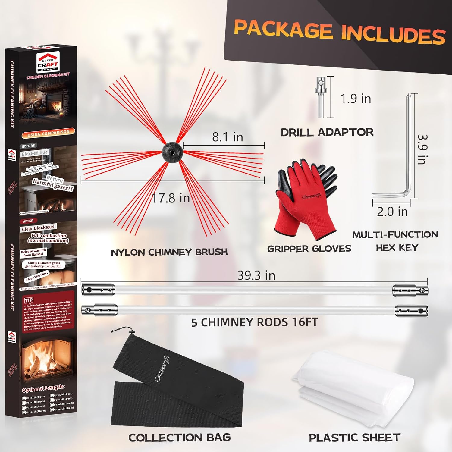 16 Feet Chimney Sweep Kit, Chimney Cleaning Kit with 5 Flexible Chimney Rods, Rotary Chimney Cleaning System Driven by Drill for Sweeping Fireplace, Chimney Cleaners with Strong Brush