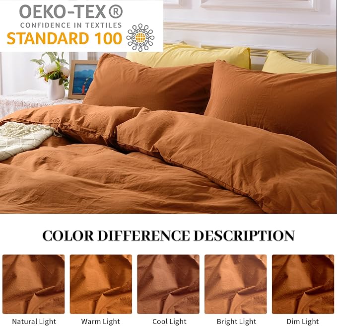 NEXHOME PRO Terracotta Burnt Orange Duvet Cover Set Queen Size Linen Textured - Image 4