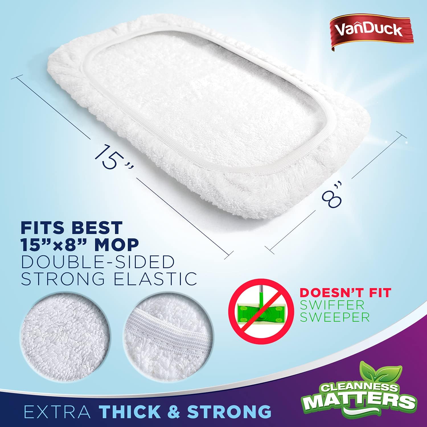 VanDuck 100% Cotton Terry Cloth Mop Pads 15x8 Inch 6-Pack (Handle is Not Included)