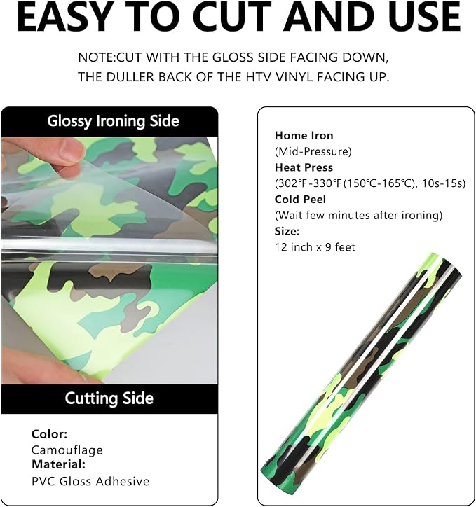 FUNKAKA Camo Army Green HTV Heat Transfer Vinyl Rolls, Stretchy PU HTV Vinyl - Image 2