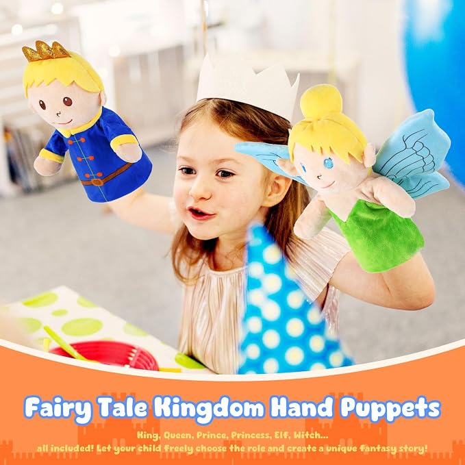 6 Pcs Castle Hand Puppets Fairy Tales Queen & King, Princess & Prince, Elf & - Image 4