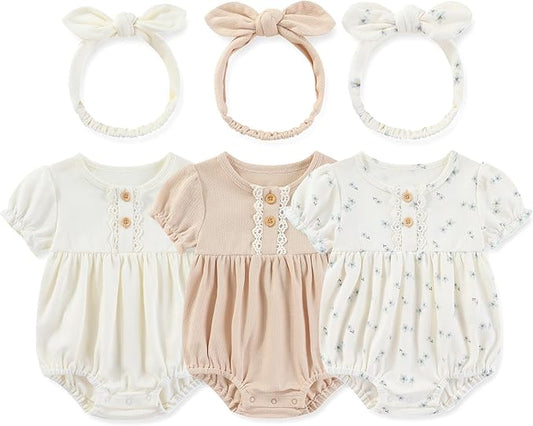 Newborn Baby Girl Clothes Cotton Bubble Romper Floral Short Sleeve Bodysuit 3 Pack