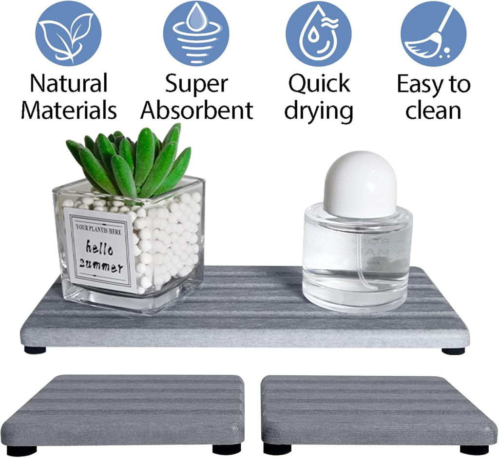 Set of 3 Diatomite Hand Soap Holder, Water Absorbing Stone Tray for Kitchen Countertop, Fast-Drying Bathroom Trays(1pcs 20 x 10cm + 2pcs 10 x 10cm Grey)