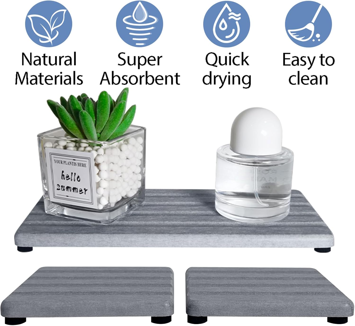 Set of 3 Diatomite Hand Soap Holder, Water Absorbing Stone Tray for Kitchen Countertop, Fast-Drying Bathroom Trays(1pcs 20 x 10cm + 2pcs 10 x 10cm Grey)