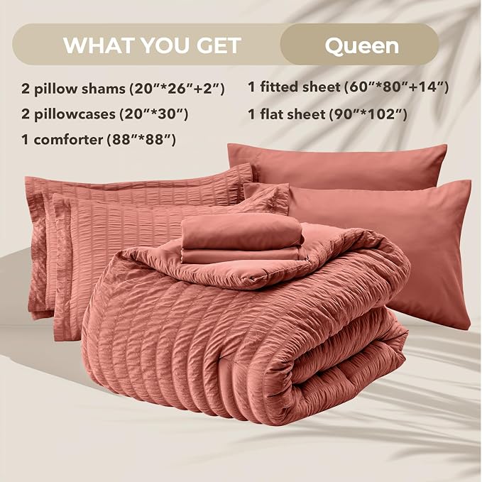 HYMOKEGE Coral Queen Comforter Set Seersucker 7 Pieces, All Season Luxury Bed - Image 6