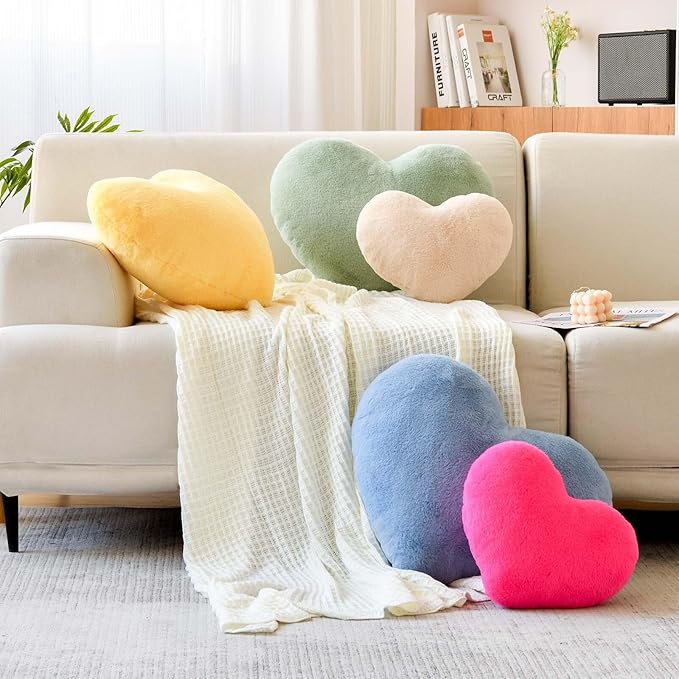 Hot Pink Heart Pillows, Cute Heart Decorative Pillow, Heart Shaped Throw Pillows for Bed, Faux Rabbit Fur Plush Hoom Decor Pillow Cushion for Chair Sofa Living Room (Large-19.6"x15.7")