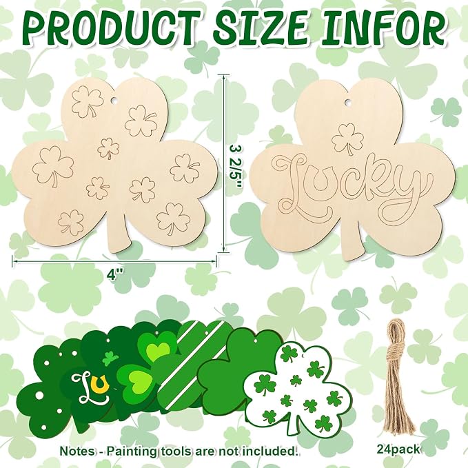 COCHIE St. Patrick's Day Shamrock Wood Crafts to Paint Set of 24, Saint Patrick - Image 2
