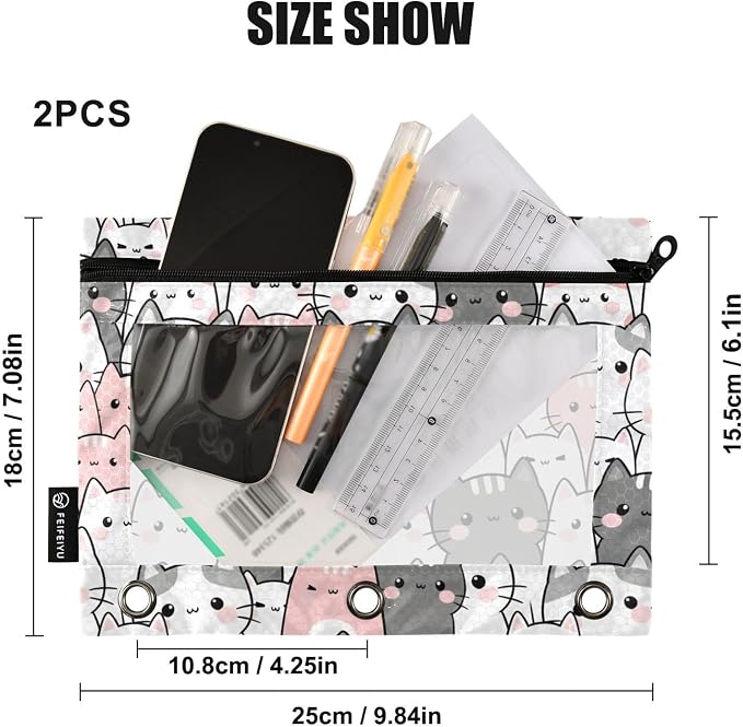 Cute Cats Kittens Pencil Pouch for 3 Ring Binder, 2 Pack Waterproof Pencil Bags - Image 3