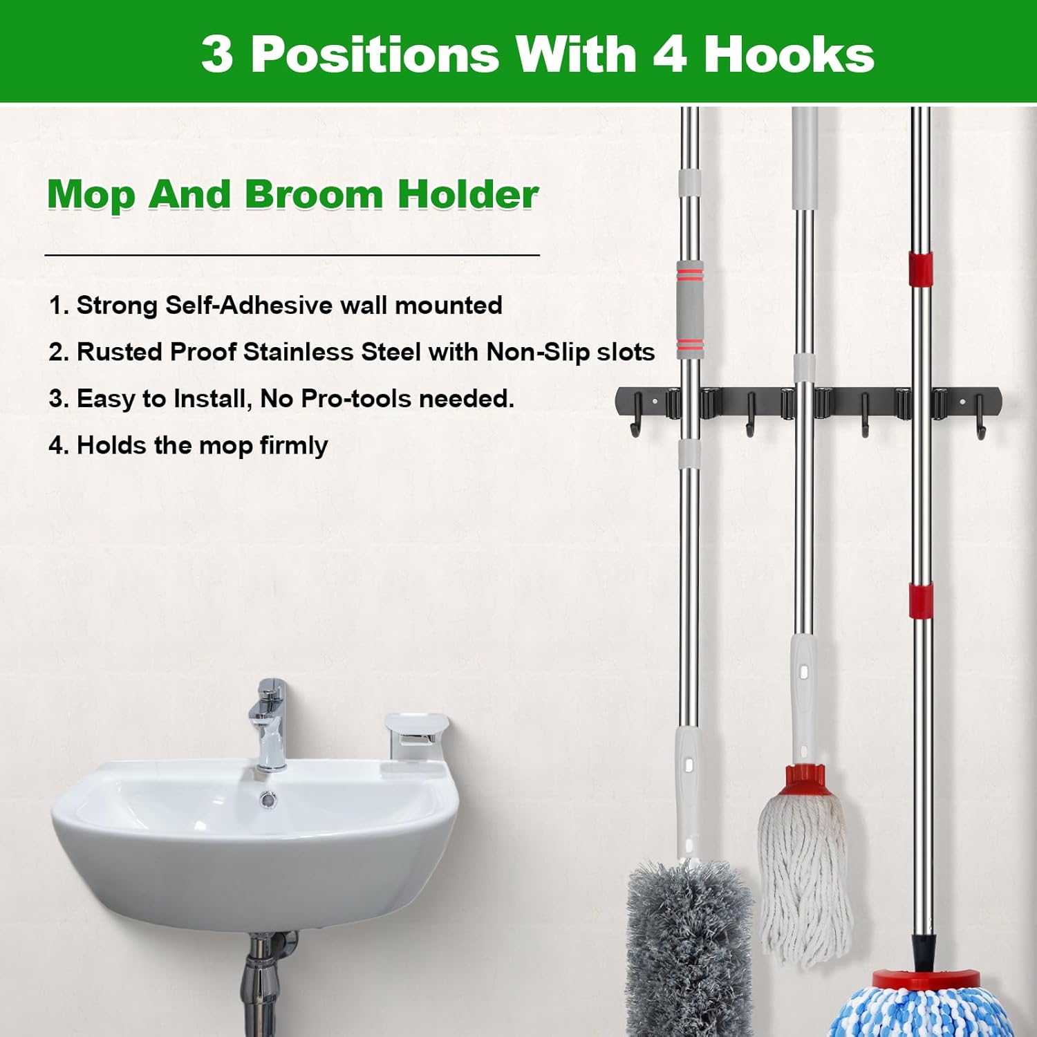 voze 3 Racks and 4 Hooks Mop and Broom Holder Wall Mount, Self Adhesive Heavy Duty Broom Organizer Storage Tool Racks for Kitchen Garden Laundry Garage