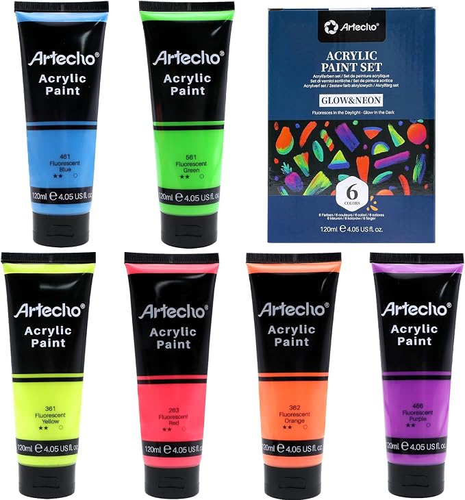 Artecho Glow in the Dark Paint 6 Colors, 120 ml / 4 oz | Non-Toxic, Waterproof - Image 2