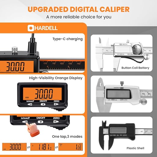 HARDELL Digital Caliper 12" USB-C Charging – Orange Display, Non-Backlit | - Image 6