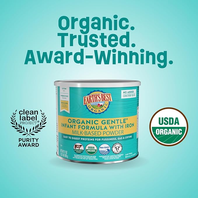 Earth's Best Organic Baby Formula, Gentle Infant Formula for 0-12 Months, Milk-Based Powder with Iron, Omega-3 DHA & Omega-6 ARA, 21 Ounce Container