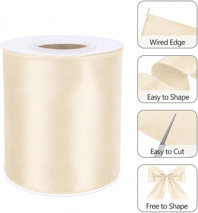 Ivory 4 Inch Continuous 15 Yards Satin Wired Ribbon - Image 3